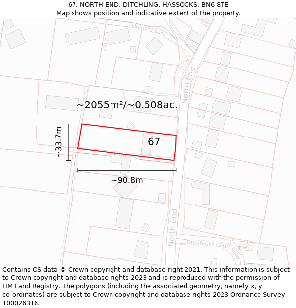 67, NORTH END, DITCHLING, HASSOCKS, BN6 8TE: Plot and title map