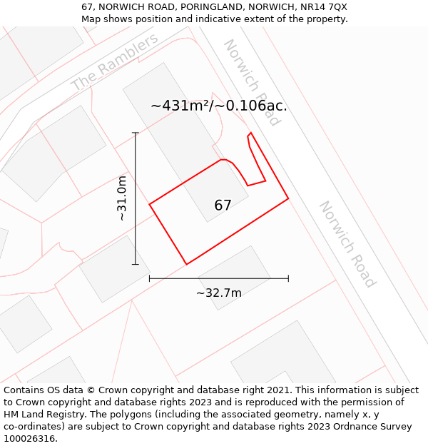 67, NORWICH ROAD, PORINGLAND, NORWICH, NR14 7QX: Plot and title map