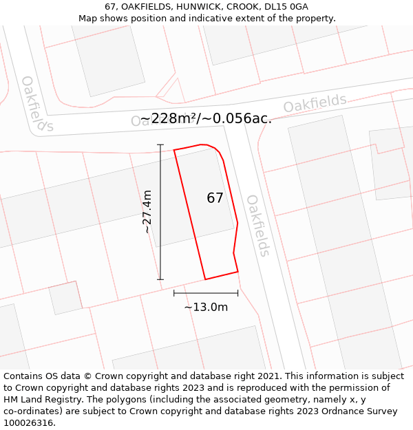 67, OAKFIELDS, HUNWICK, CROOK, DL15 0GA: Plot and title map