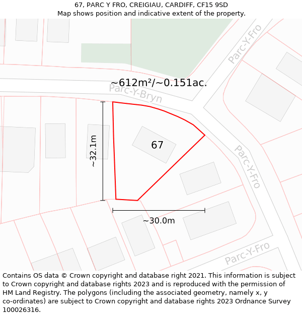 67, PARC Y FRO, CREIGIAU, CARDIFF, CF15 9SD: Plot and title map