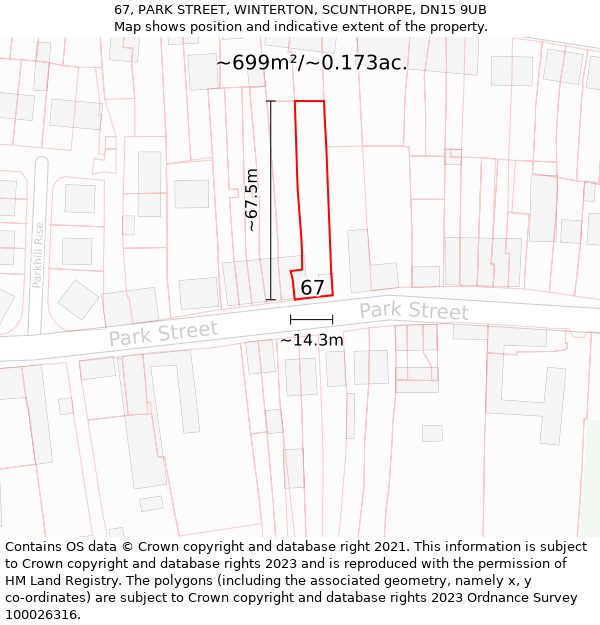 67, PARK STREET, WINTERTON, SCUNTHORPE, DN15 9UB: Plot and title map