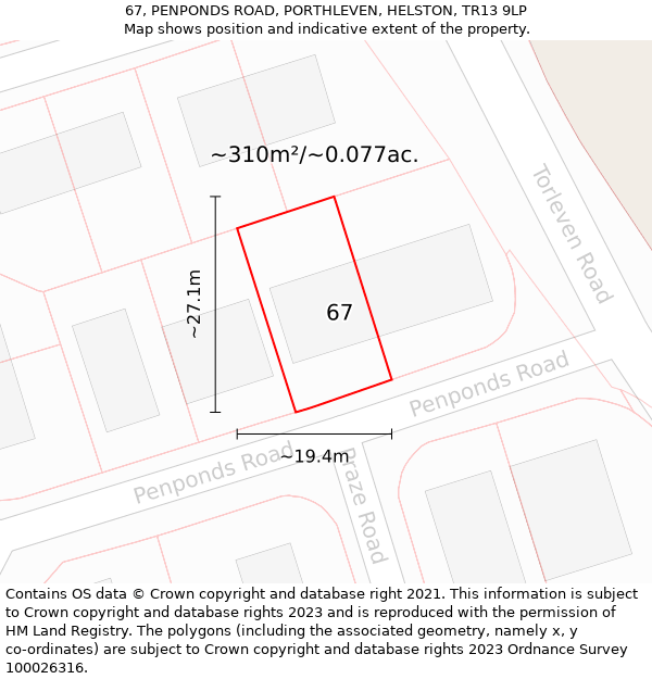 67, PENPONDS ROAD, PORTHLEVEN, HELSTON, TR13 9LP: Plot and title map