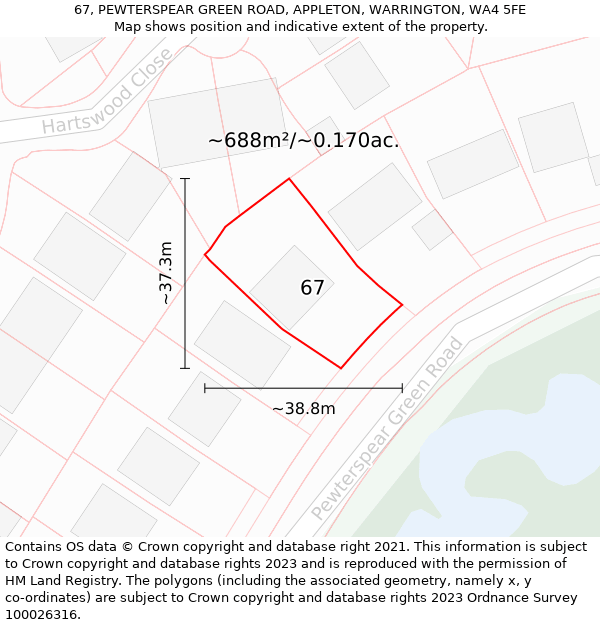 67, PEWTERSPEAR GREEN ROAD, APPLETON, WARRINGTON, WA4 5FE: Plot and title map