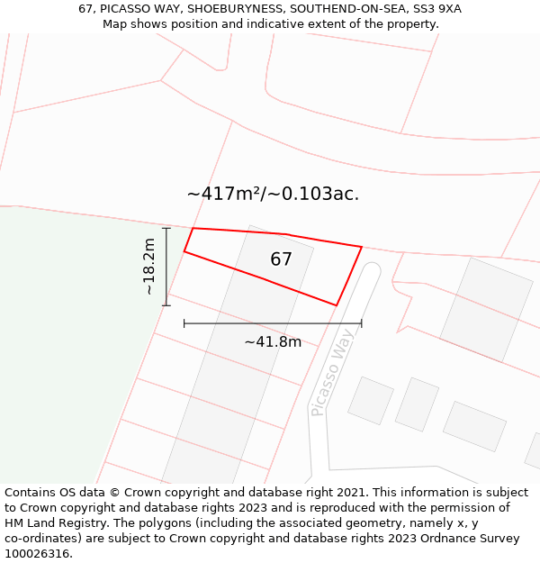 67, PICASSO WAY, SHOEBURYNESS, SOUTHEND-ON-SEA, SS3 9XA: Plot and title map