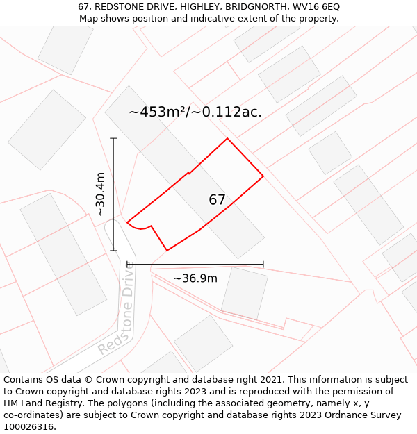 67, REDSTONE DRIVE, HIGHLEY, BRIDGNORTH, WV16 6EQ: Plot and title map