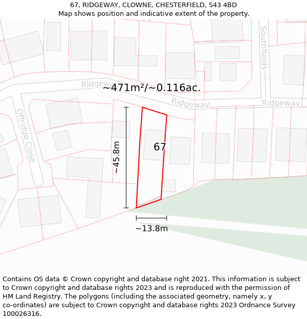 67, RIDGEWAY, CLOWNE, CHESTERFIELD, S43 4BD: Plot and title map