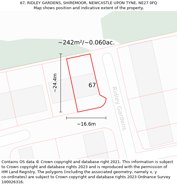 67, RIDLEY GARDENS, SHIREMOOR, NEWCASTLE UPON TYNE, NE27 0FQ: Plot and title map