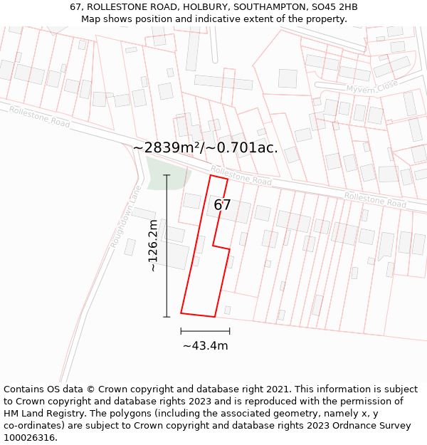 67, ROLLESTONE ROAD, HOLBURY, SOUTHAMPTON, SO45 2HB: Plot and title map