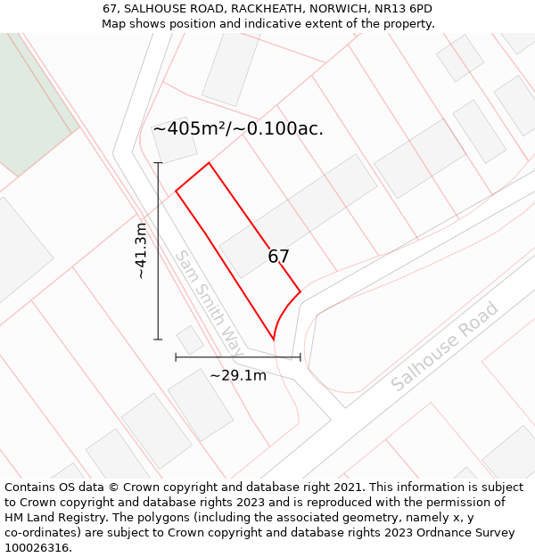 67, SALHOUSE ROAD, RACKHEATH, NORWICH, NR13 6PD: Plot and title map