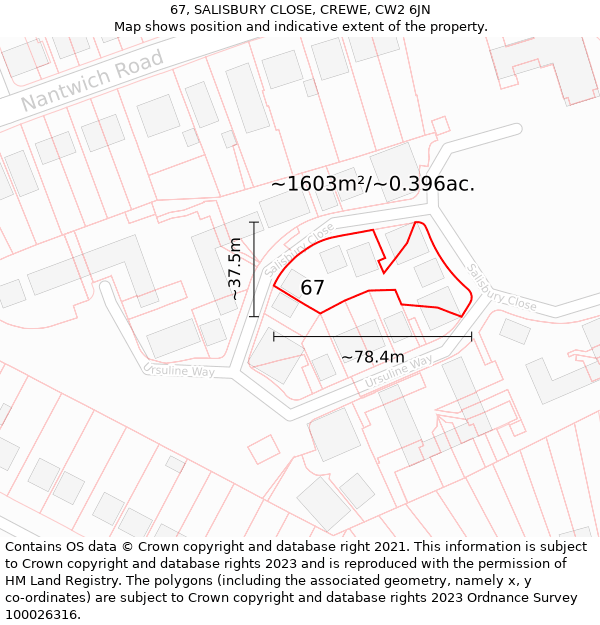 67, SALISBURY CLOSE, CREWE, CW2 6JN: Plot and title map