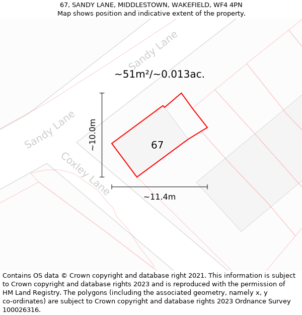 67, SANDY LANE, MIDDLESTOWN, WAKEFIELD, WF4 4PN: Plot and title map