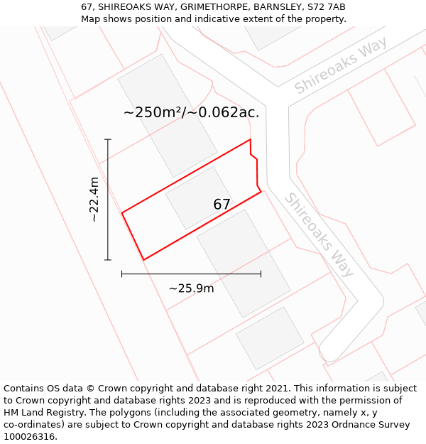 67, SHIREOAKS WAY, GRIMETHORPE, BARNSLEY, S72 7AB: Plot and title map