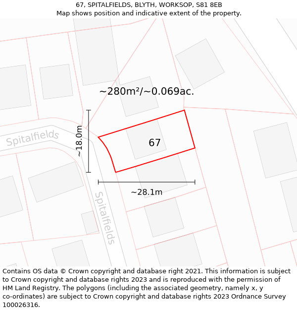 67, SPITALFIELDS, BLYTH, WORKSOP, S81 8EB: Plot and title map