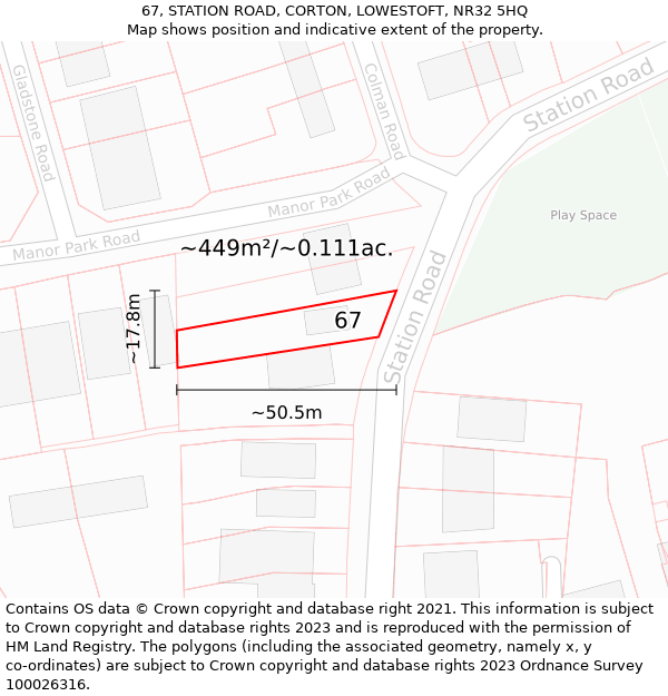 67, STATION ROAD, CORTON, LOWESTOFT, NR32 5HQ: Plot and title map