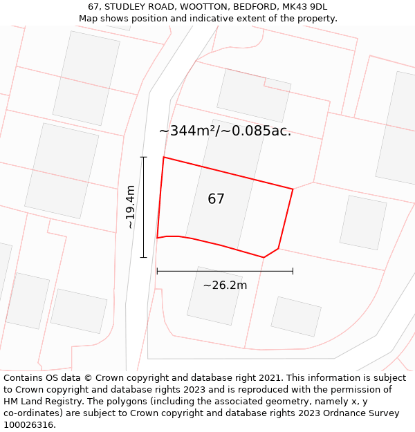 67, STUDLEY ROAD, WOOTTON, BEDFORD, MK43 9DL: Plot and title map