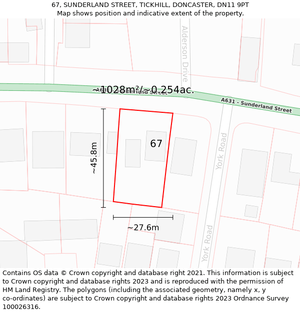 67, SUNDERLAND STREET, TICKHILL, DONCASTER, DN11 9PT: Plot and title map