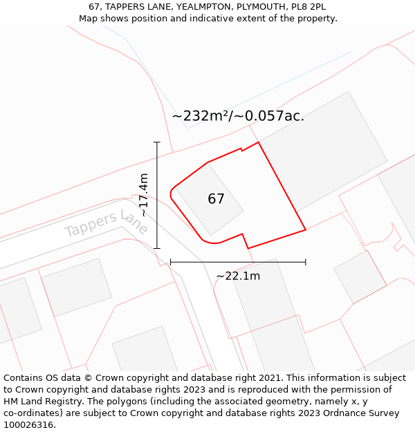 67, TAPPERS LANE, YEALMPTON, PLYMOUTH, PL8 2PL: Plot and title map