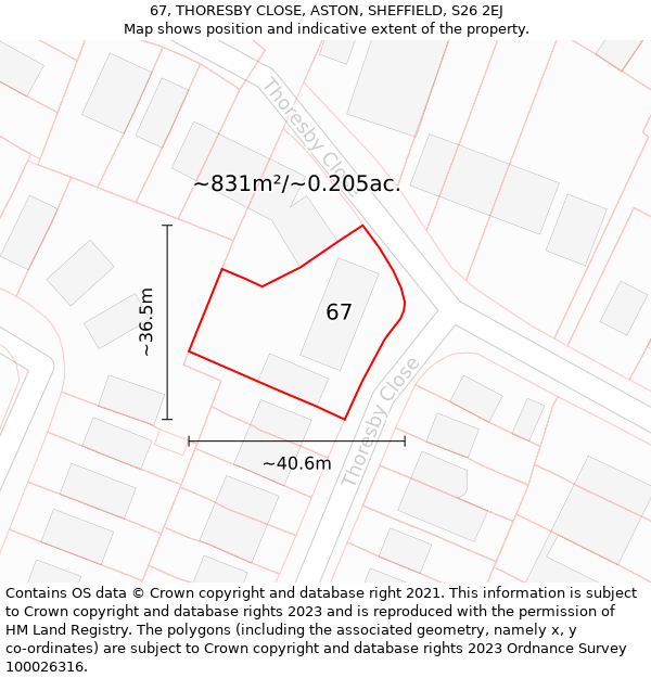 67, THORESBY CLOSE, ASTON, SHEFFIELD, S26 2EJ: Plot and title map