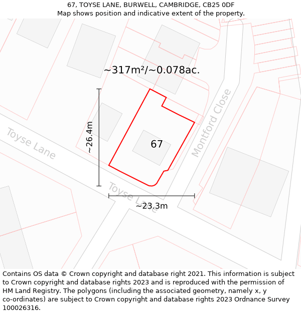 67, TOYSE LANE, BURWELL, CAMBRIDGE, CB25 0DF: Plot and title map