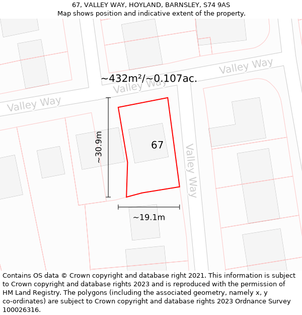 67, VALLEY WAY, HOYLAND, BARNSLEY, S74 9AS: Plot and title map