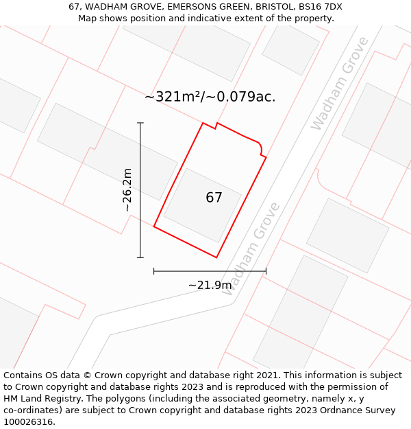 67, WADHAM GROVE, EMERSONS GREEN, BRISTOL, BS16 7DX: Plot and title map