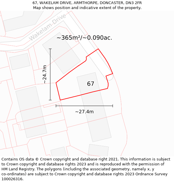 67, WAKELAM DRIVE, ARMTHORPE, DONCASTER, DN3 2FR: Plot and title map