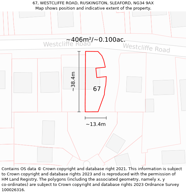 67, WESTCLIFFE ROAD, RUSKINGTON, SLEAFORD, NG34 9AX: Plot and title map