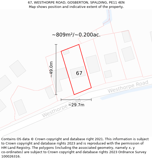 67, WESTHORPE ROAD, GOSBERTON, SPALDING, PE11 4EN: Plot and title map