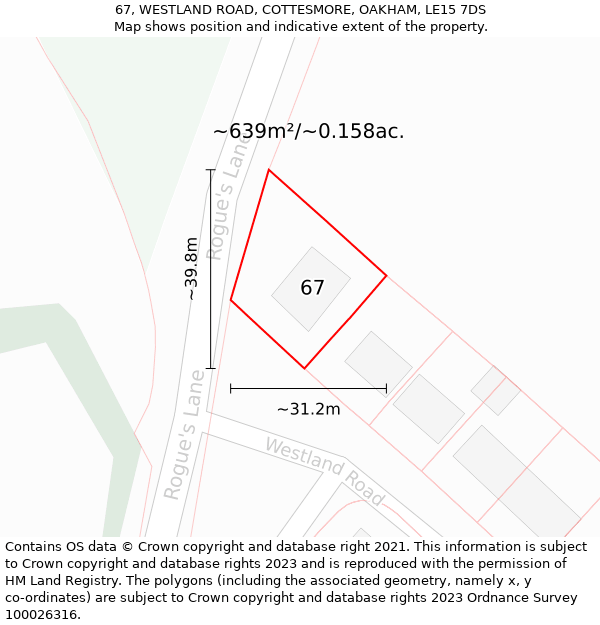 67, WESTLAND ROAD, COTTESMORE, OAKHAM, LE15 7DS: Plot and title map