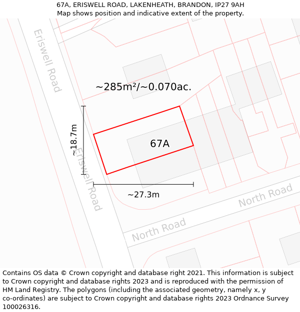 67A, ERISWELL ROAD, LAKENHEATH, BRANDON, IP27 9AH: Plot and title map