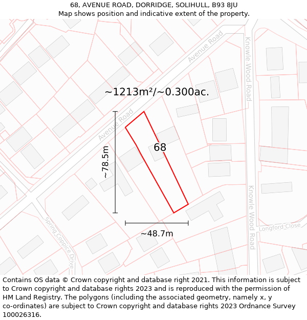 68, AVENUE ROAD, DORRIDGE, SOLIHULL, B93 8JU: Plot and title map