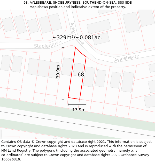 68, AYLESBEARE, SHOEBURYNESS, SOUTHEND-ON-SEA, SS3 8DB: Plot and title map