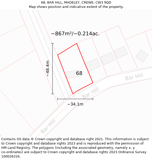 68, BAR HILL, MADELEY, CREWE, CW3 9QD: Plot and title map