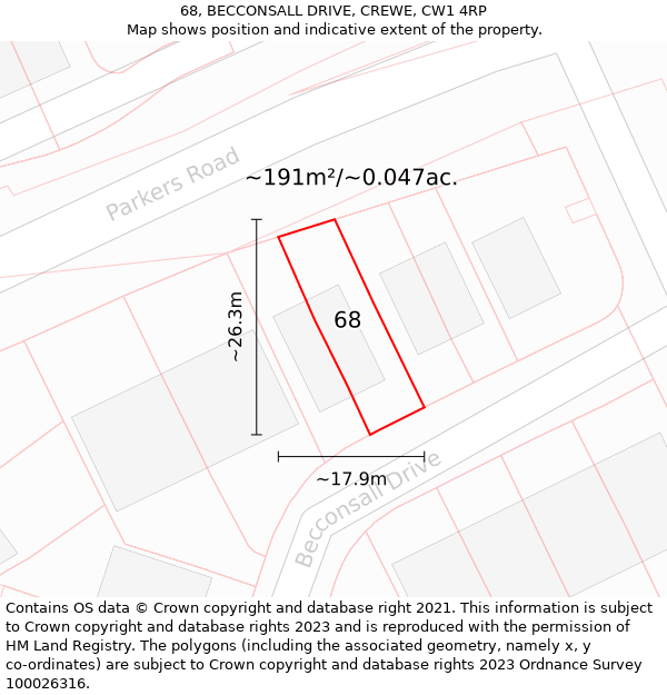 68, BECCONSALL DRIVE, CREWE, CW1 4RP: Plot and title map