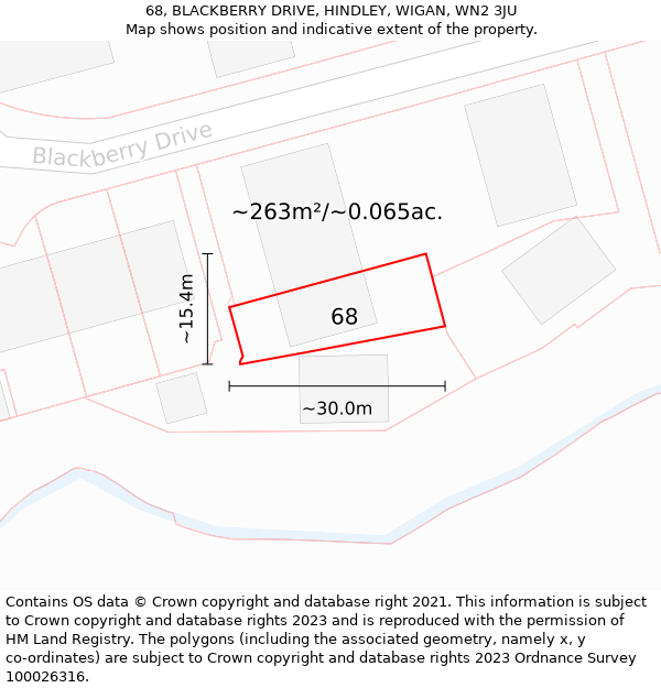 68, BLACKBERRY DRIVE, HINDLEY, WIGAN, WN2 3JU: Plot and title map