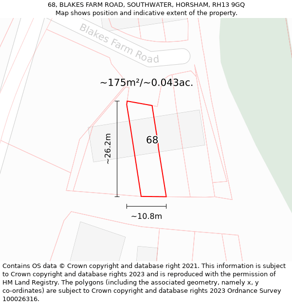 68, BLAKES FARM ROAD, SOUTHWATER, HORSHAM, RH13 9GQ: Plot and title map