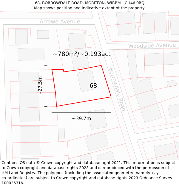 68, BORROWDALE ROAD, MORETON, WIRRAL, CH46 0RQ: Plot and title map