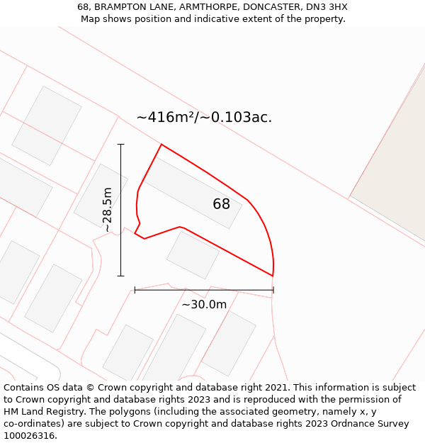 68, BRAMPTON LANE, ARMTHORPE, DONCASTER, DN3 3HX: Plot and title map