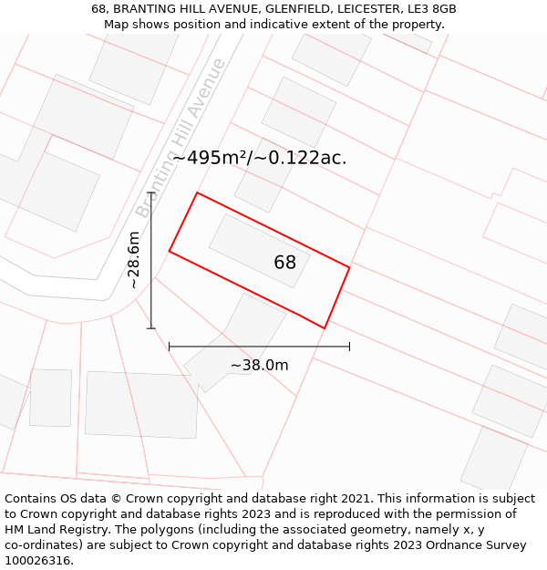 68, BRANTING HILL AVENUE, GLENFIELD, LEICESTER, LE3 8GB: Plot and title map