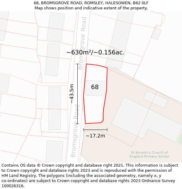 68, BROMSGROVE ROAD, ROMSLEY, HALESOWEN, B62 0LF: Plot and title map