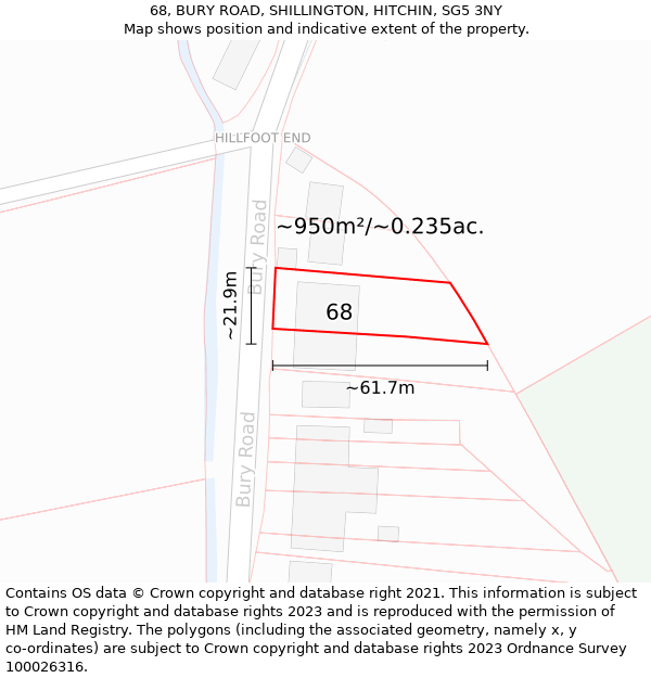 68, BURY ROAD, SHILLINGTON, HITCHIN, SG5 3NY: Plot and title map