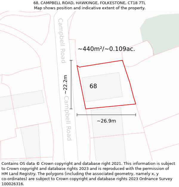 68, CAMPBELL ROAD, HAWKINGE, FOLKESTONE, CT18 7TL: Plot and title map