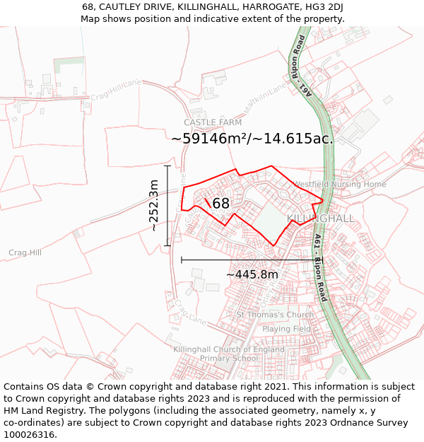 68, CAUTLEY DRIVE, KILLINGHALL, HARROGATE, HG3 2DJ: Plot and title map