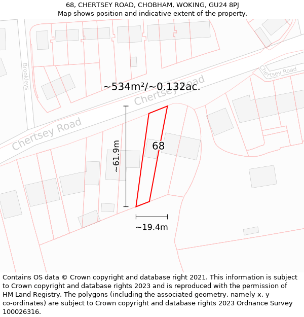 68, CHERTSEY ROAD, CHOBHAM, WOKING, GU24 8PJ: Plot and title map