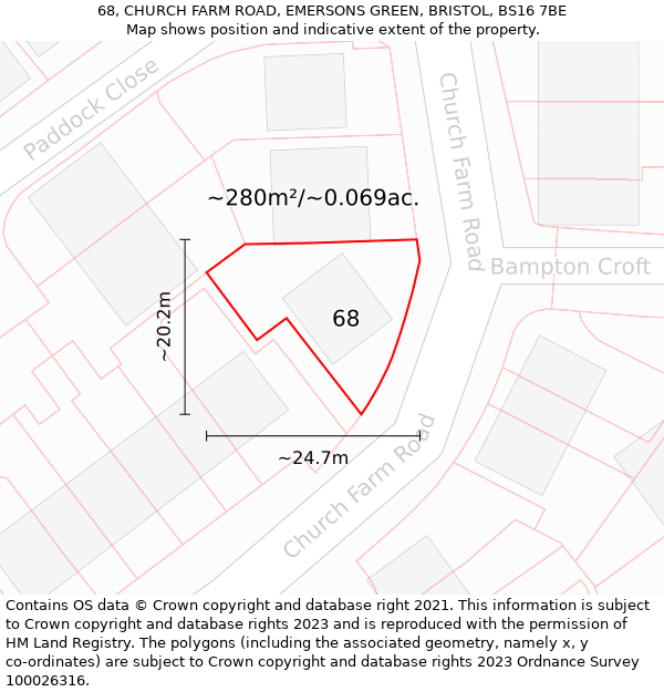 68, CHURCH FARM ROAD, EMERSONS GREEN, BRISTOL, BS16 7BE: Plot and title map