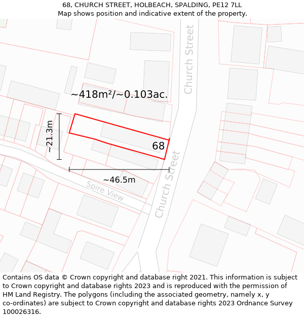 68, CHURCH STREET, HOLBEACH, SPALDING, PE12 7LL: Plot and title map