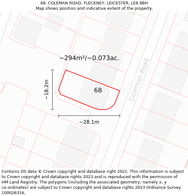 68, COLEMAN ROAD, FLECKNEY, LEICESTER, LE8 8BH: Plot and title map