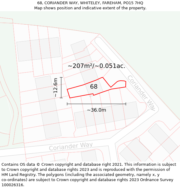 68, CORIANDER WAY, WHITELEY, FAREHAM, PO15 7HQ: Plot and title map