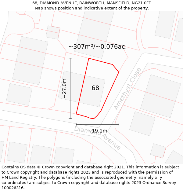 68, DIAMOND AVENUE, RAINWORTH, MANSFIELD, NG21 0FF: Plot and title map