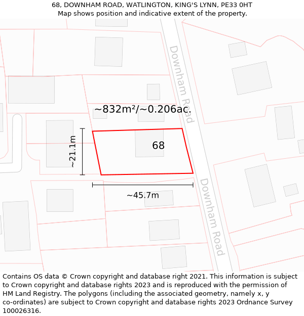 68, DOWNHAM ROAD, WATLINGTON, KING'S LYNN, PE33 0HT: Plot and title map